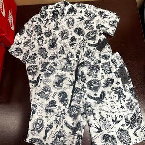 Ed Hardy Mens Off White Flashboard Print Short Button Front Shirt 2 Piece Set L